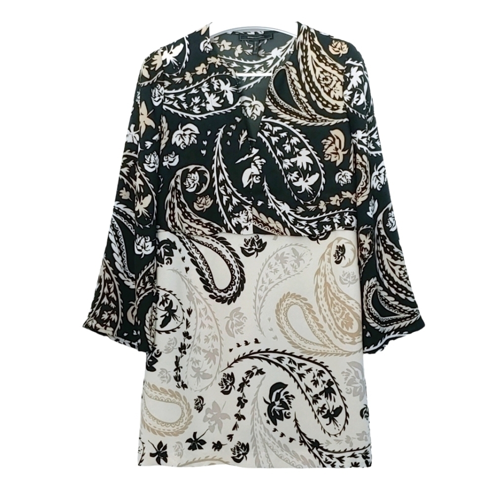BCBG MAXAZRIA Beige brown paisley boho bell sleeves tunic dress